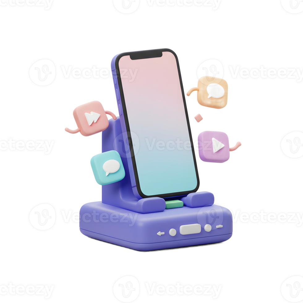 A smartphone sits in a purple stand with accompanying colorful message and play icons to encourage social media and media consumption. png