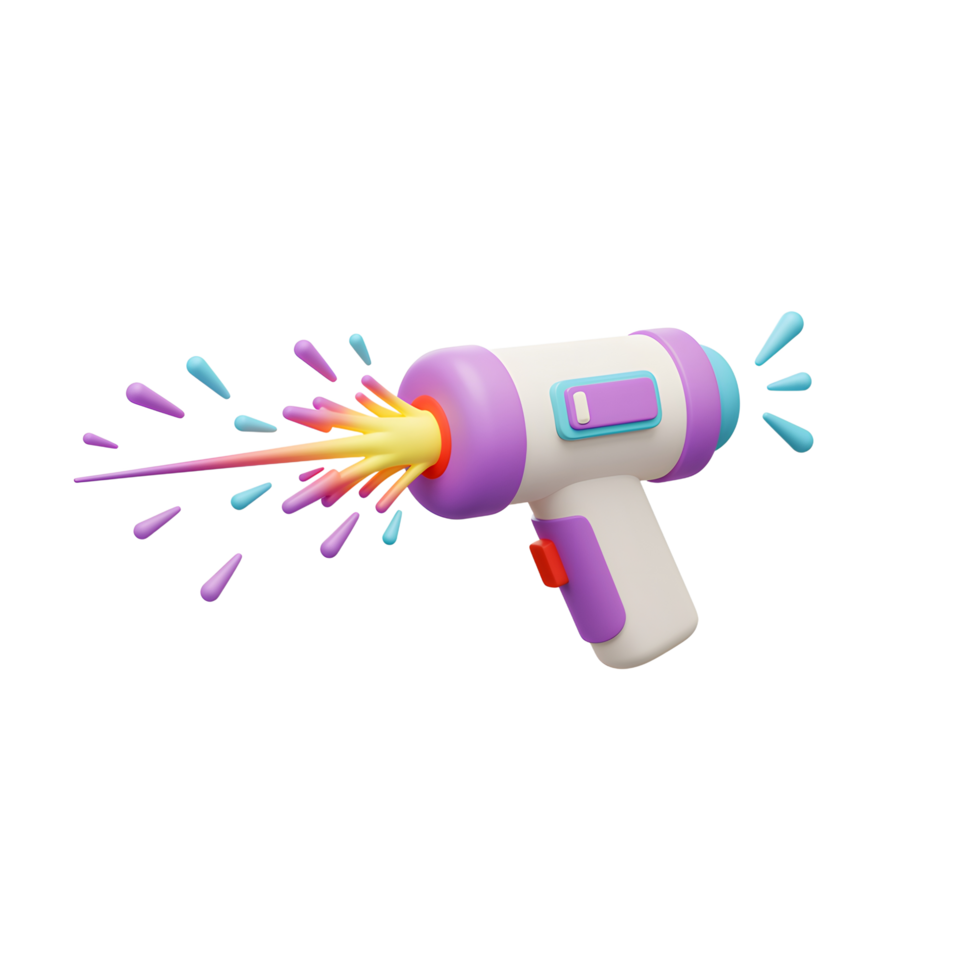 A white and purple cartoon water gun toy shoots colorful drops of paint, perfect for festive decorations or illustrations. png