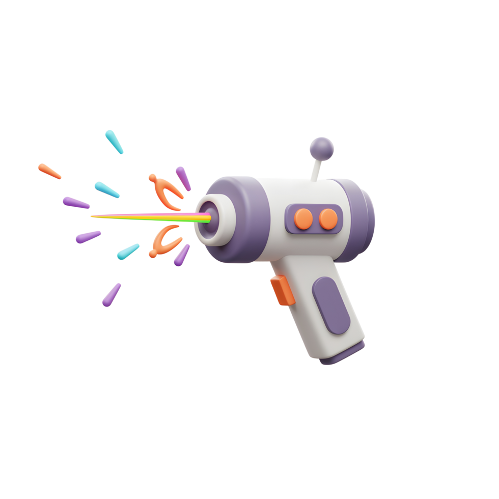 A cartoon ray gun is firing a colorful rainbow laser surrounded by sparks, potentially for entertainment or creative projects. png