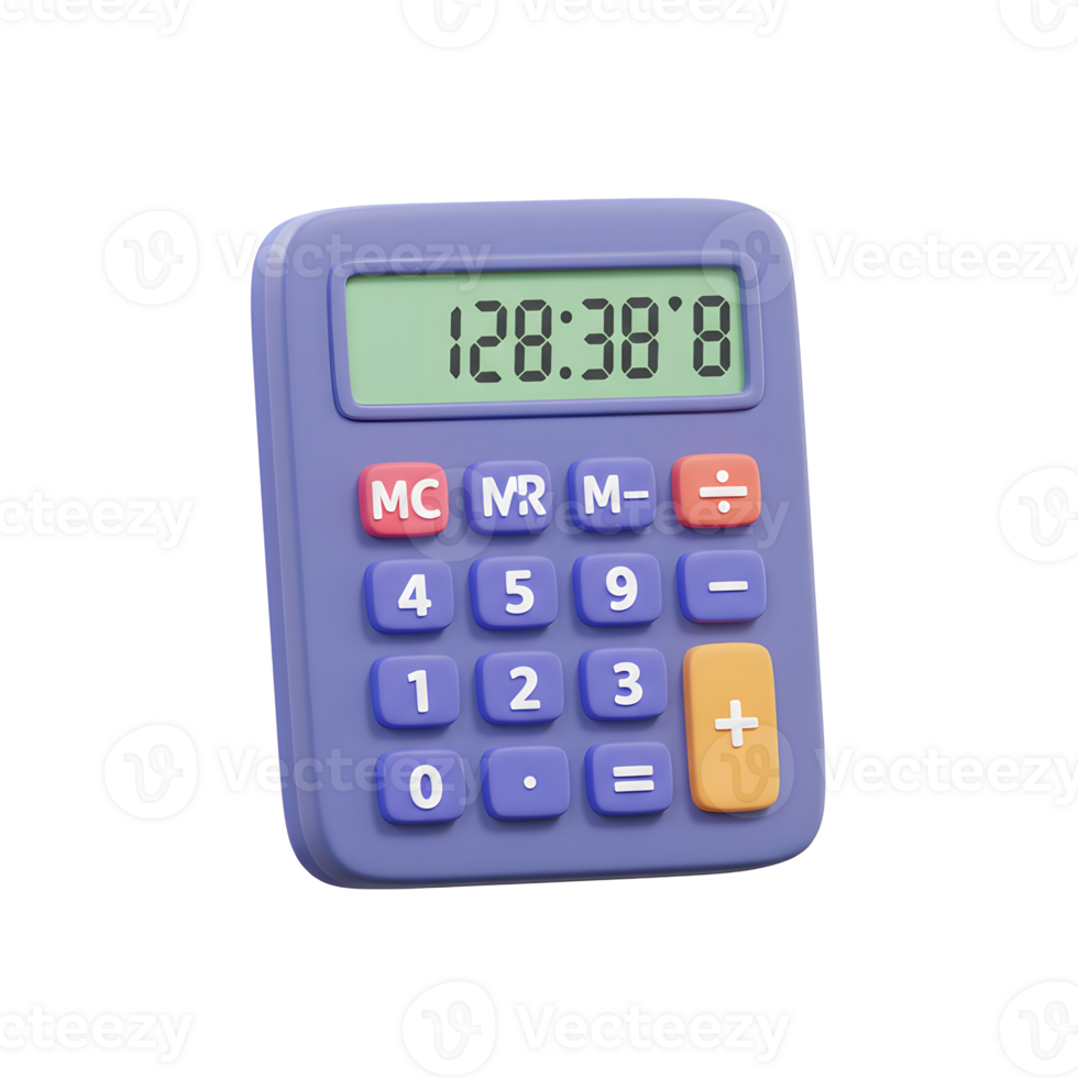 A purple calculator shows a numerical display, with various buttons for mathematical operations, and can be used for calculating arithmetic. png
