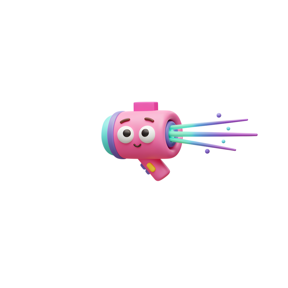 A 3D rendered cartoon ray gun shoots colorful beams and dots, adding a playful touch to graphic designs. png