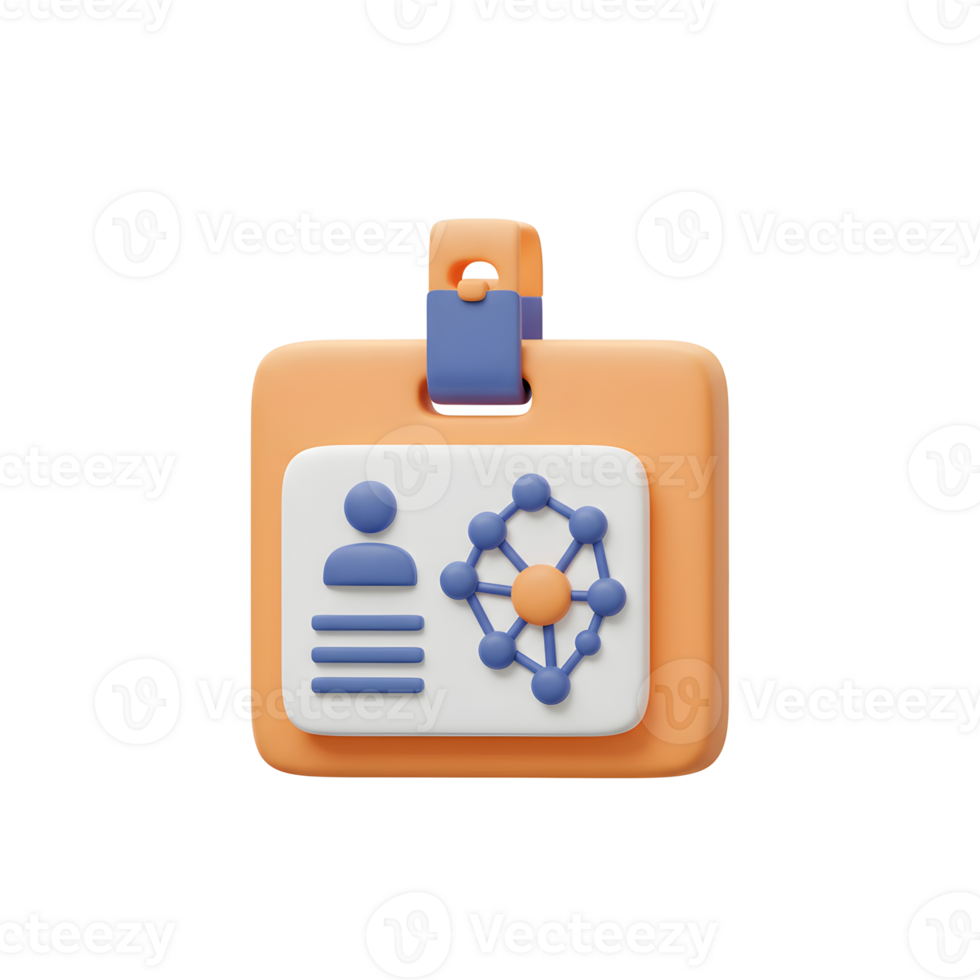 This 3D rendering depicts an ID badge featuring a user icon and a molecule graphic, commonly used for professional or organizational access. png