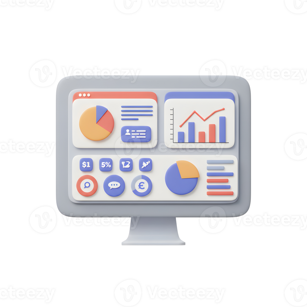 A computer screen displays various charts, icons, and data, including pie charts, bar graphs, and financial figures, illustrating business information and usage in data analysis. png