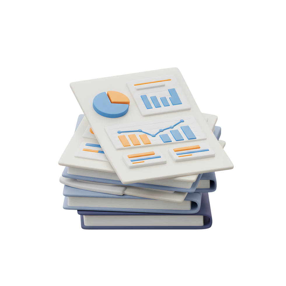 A stack of papers with charts and graphs represents data analysis and reporting, suitable for financial or business presentations. png