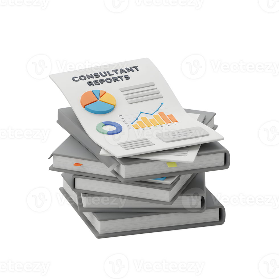 A stack of books features a report with charts and graphs, showcasing data analysis for consultant projects. png