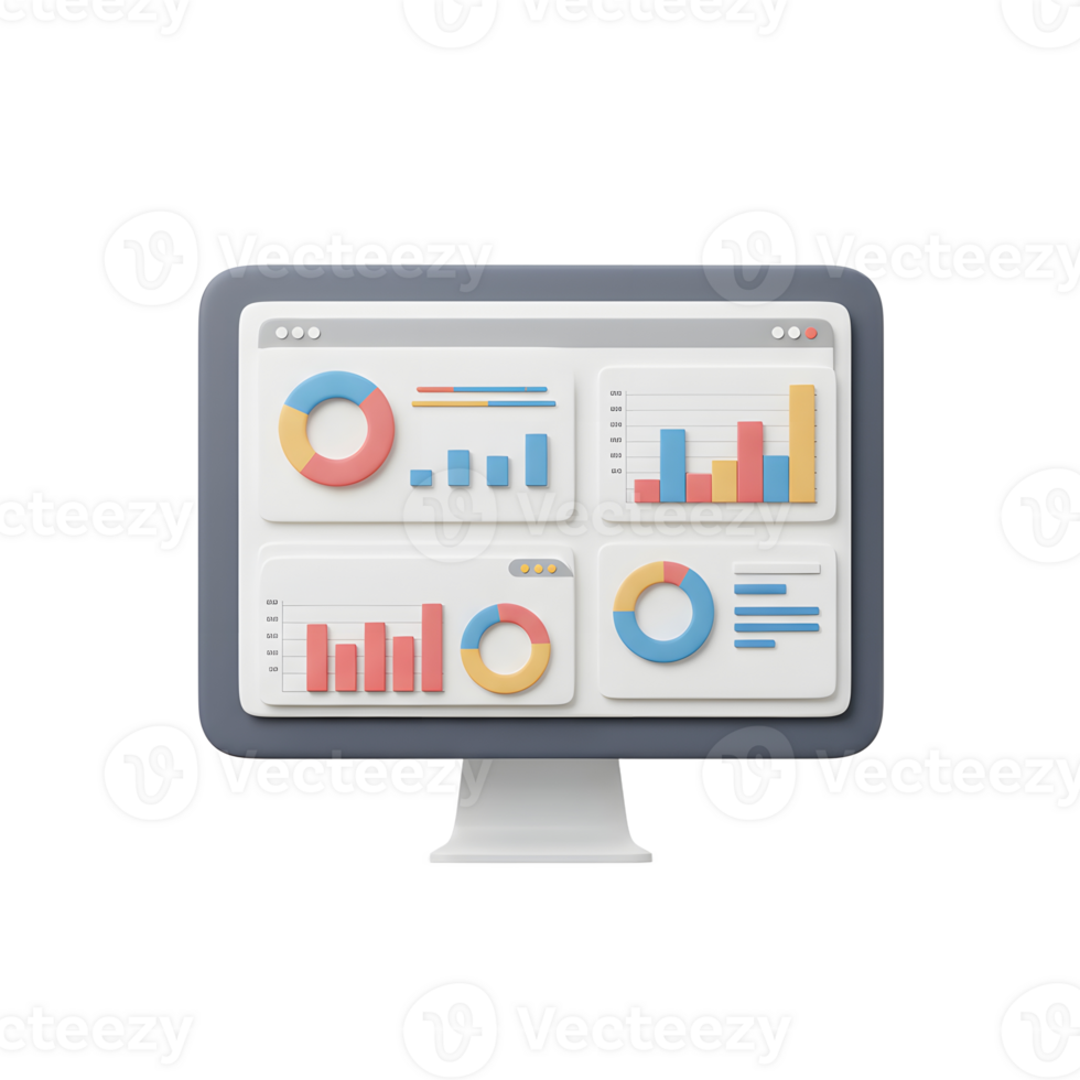 3D rendered computer screen shows charts and data in multiple windows, highlighting key metrics and insights for business and reporting. png