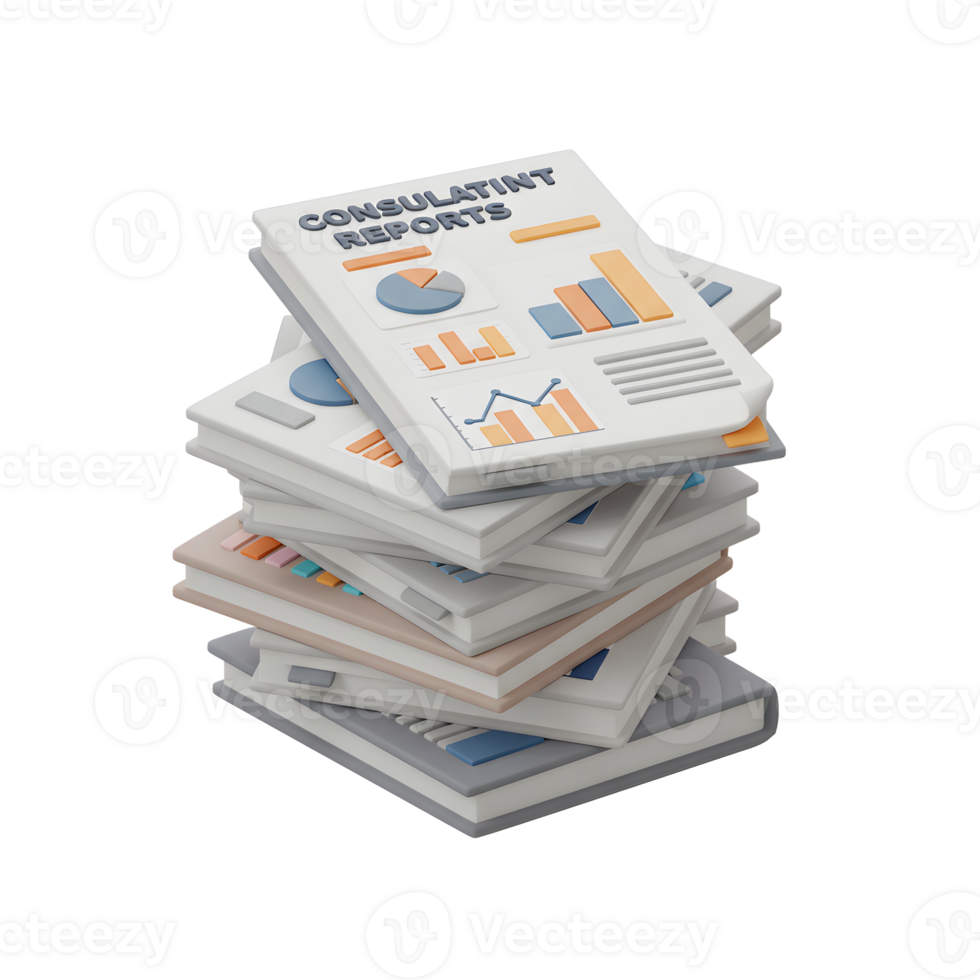 A stack of consultant reports with charts and graphs are shown for business analysis. png