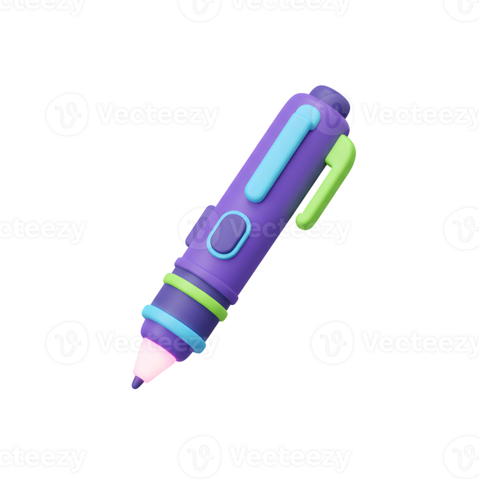 A purple pen with blue and green accents is depicted against a white background, showcasing its design for writing. png