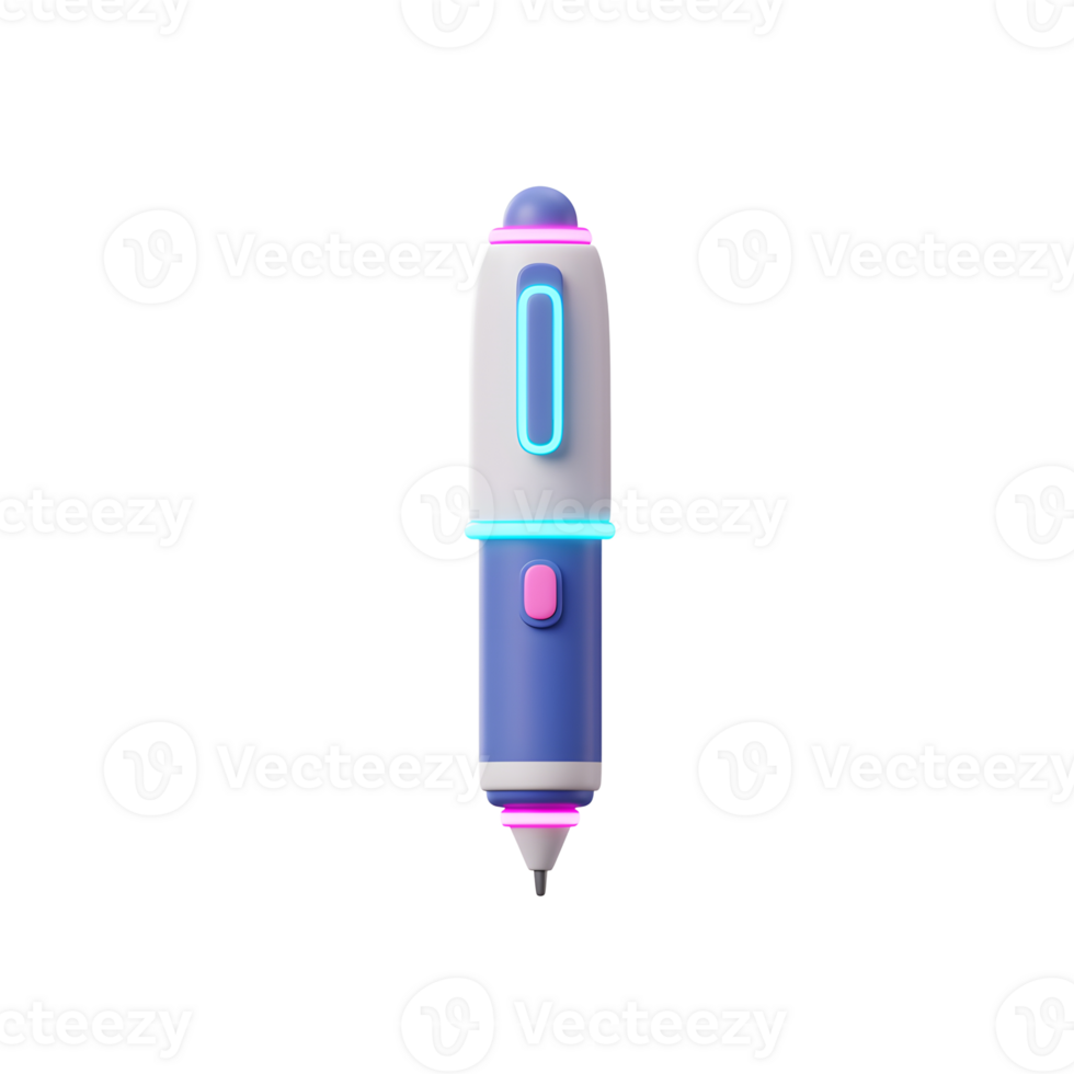 A stylized blue and white pen with neon blue and pink accents stands upright against a white background, making it suitable for writing and drawing. png