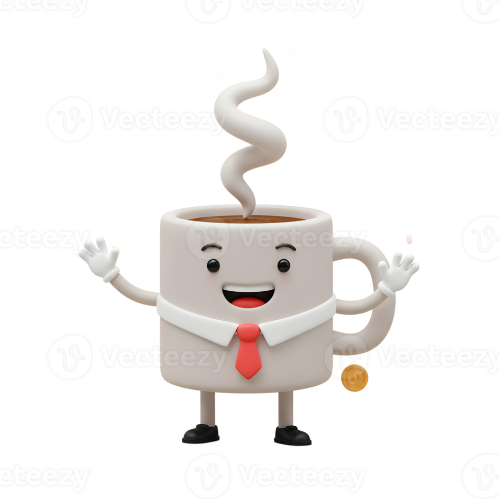 A cartoon coffee cup character with financial elements surrounding it represents business success and can be used for financial illustrations. png