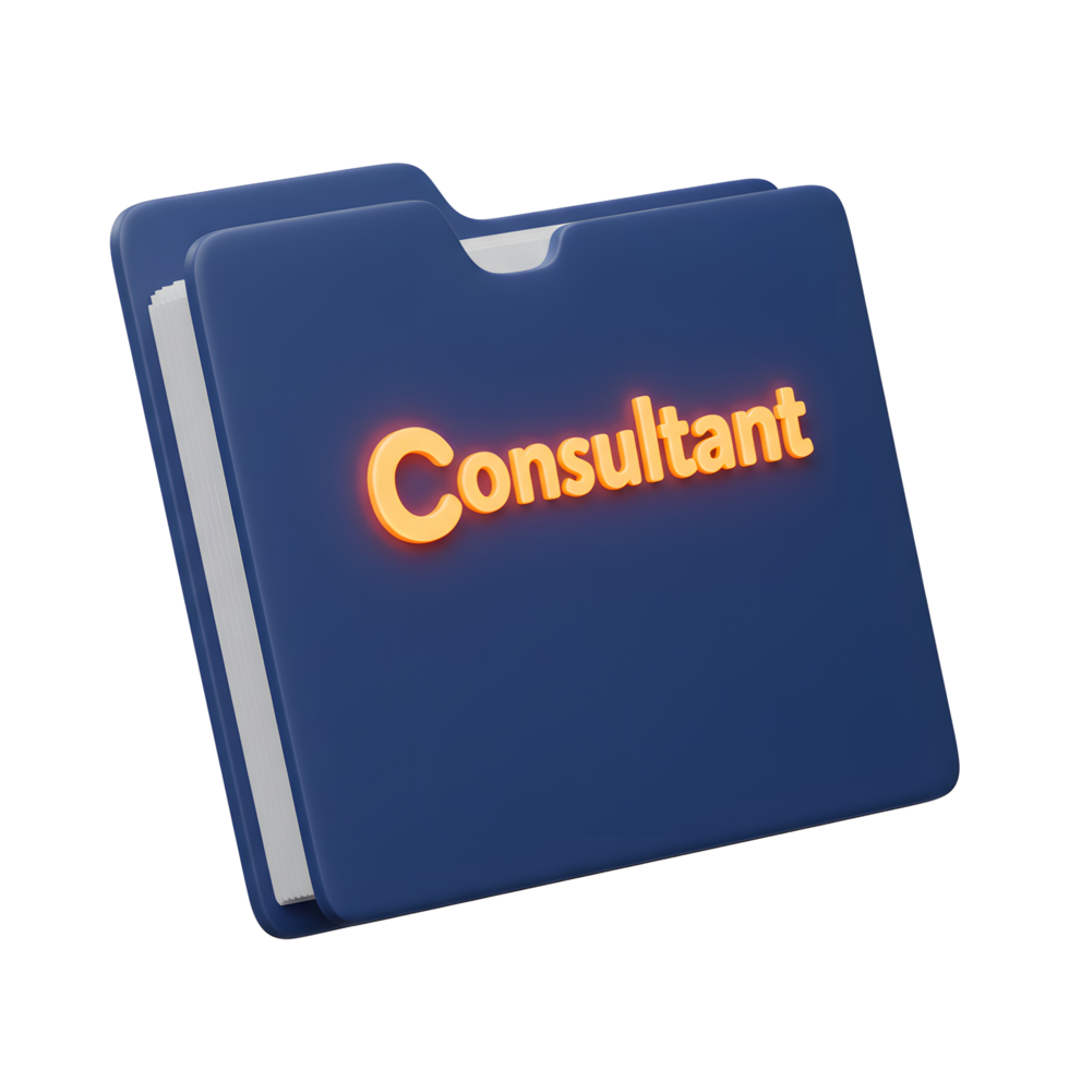 Blue folder containing papers with consultant label used for documentation. png