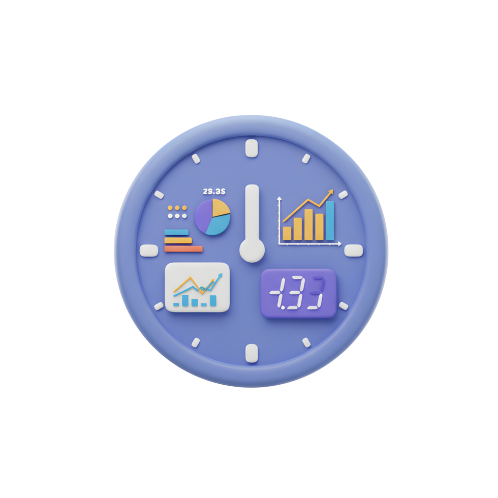 A blue clock is decorated with colorful charts and digital numbers, representing time management for data analysis and business planning. png
