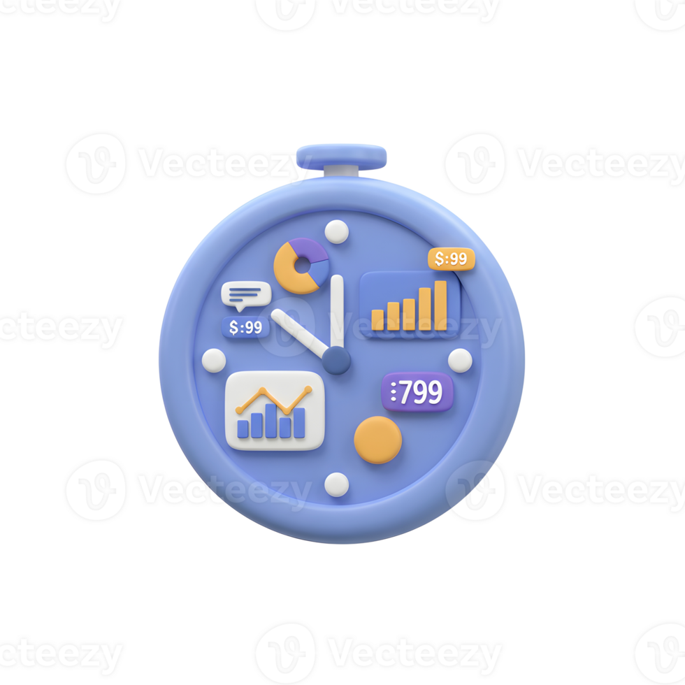 This stylized clock displays various business charts and financial figures, perfect for illustrating time management and financial tracking concepts. png