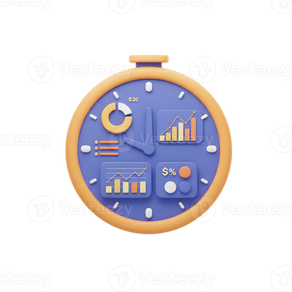 A clock displaying data charts and a list indicates the importance of time management and real time analytics. png