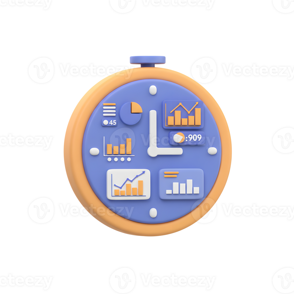 This clock displays various data charts and graphs, indicating time management for data analysis or business performance tracking. png