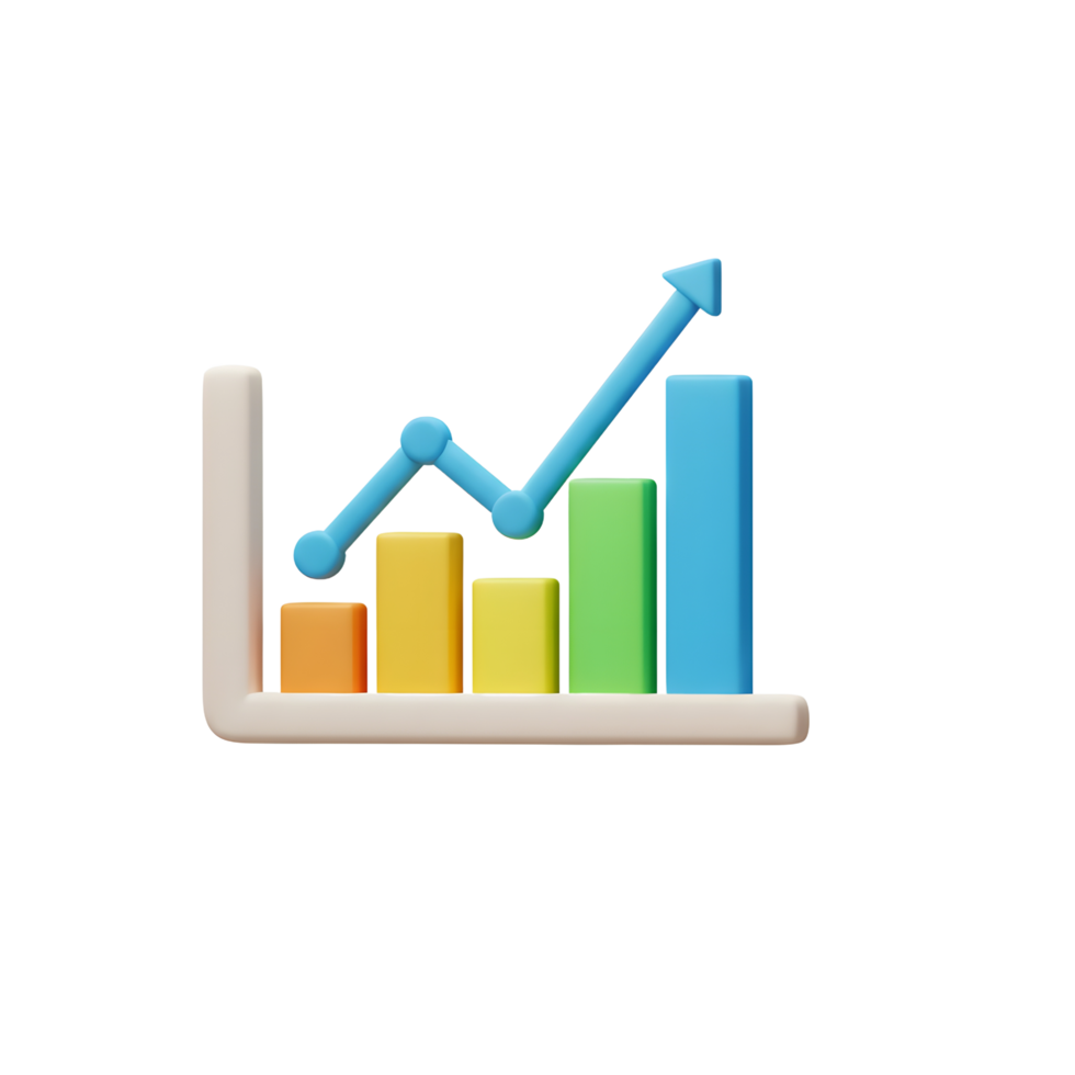 A colorful 3D bar graph with an upward trending line represents positive progress, visualized for data representation. png
