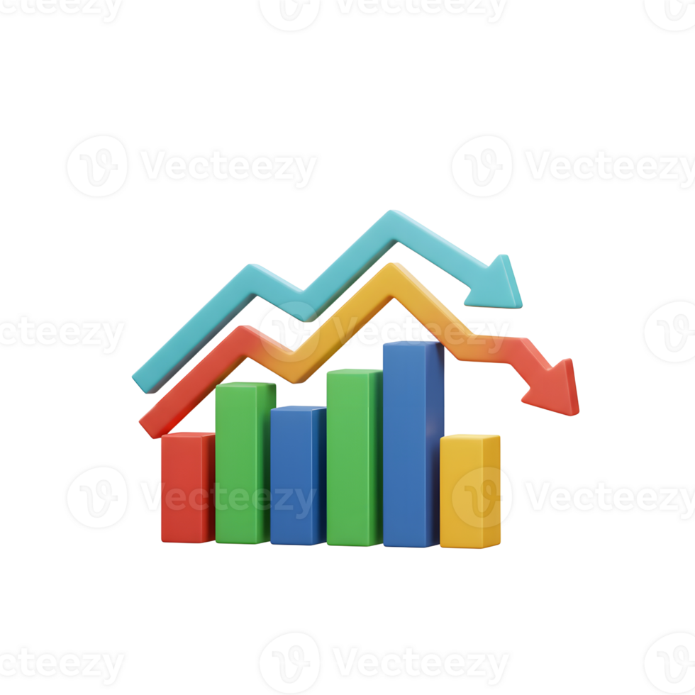 A colorful 3D rendering shows a chart with bars and arrows indicating trends, which can be used to represent data or statistics. png