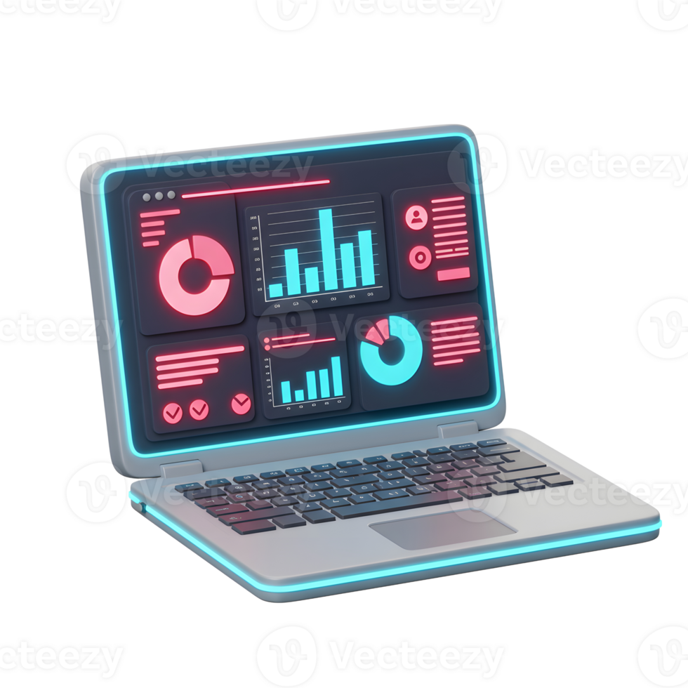 A laptop displays colorful data visualizations with a modern, neon lit frame, suitable for data analysis and presentations. png