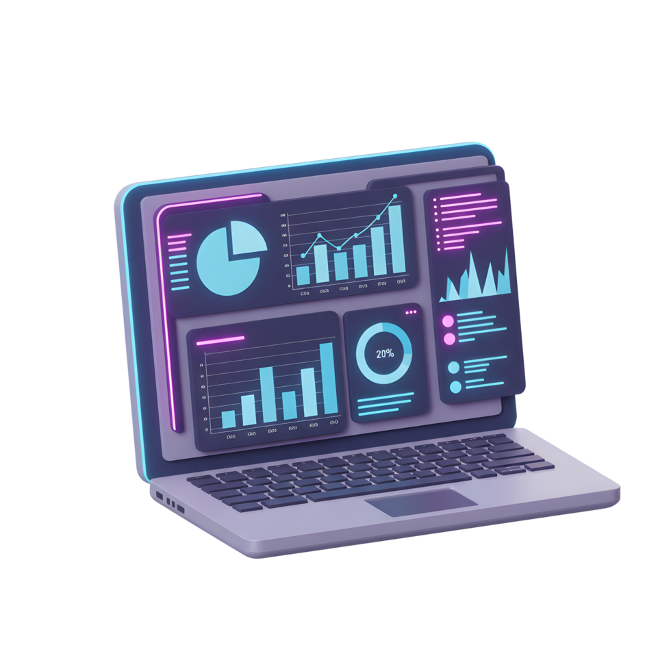 Laptop screen displays data analytics using chart, graph and percentage for business intelligence analysis. png