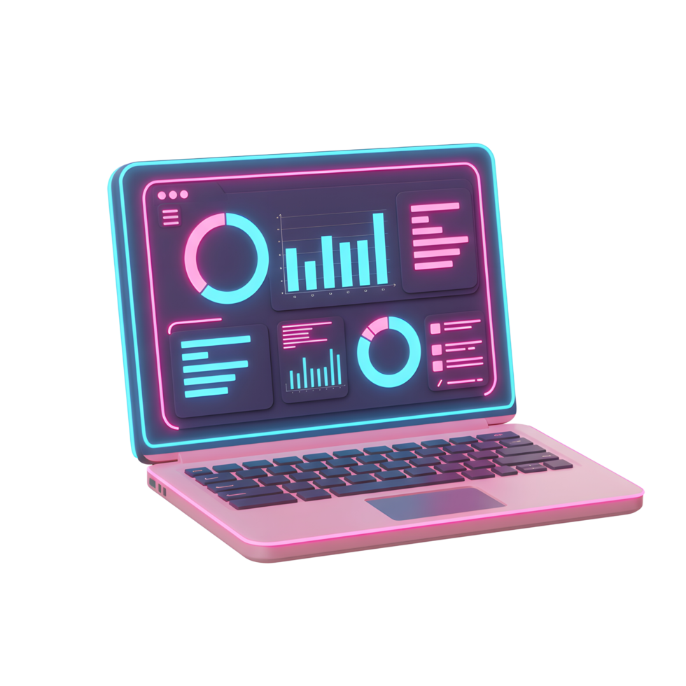 A laptop computer displays various data charts in a modern, neon style, suitable for business presentations or visualizing information. png
