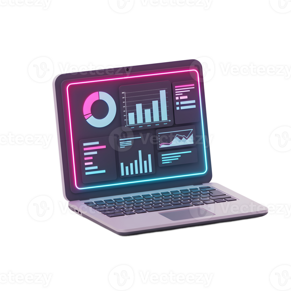 Laptop displays multiple data charts on its screen, showcasing information analysis for presentation or analysis purposes. png