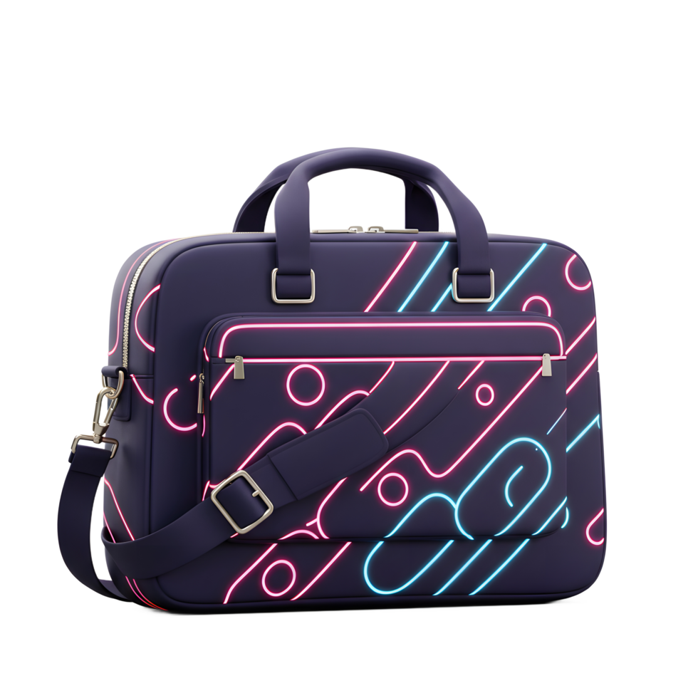 This blue laptop bag features a stylish neon pattern and adjustable shoulder strap, making it suitable for carrying a computer or business essentials. png