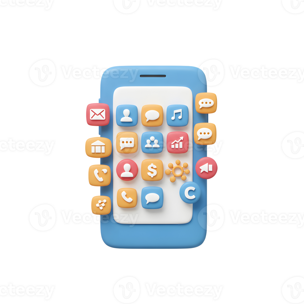 A blue and white cartoon style mobile phone displays various app icons, representing digital communication and functions for everyday use. png