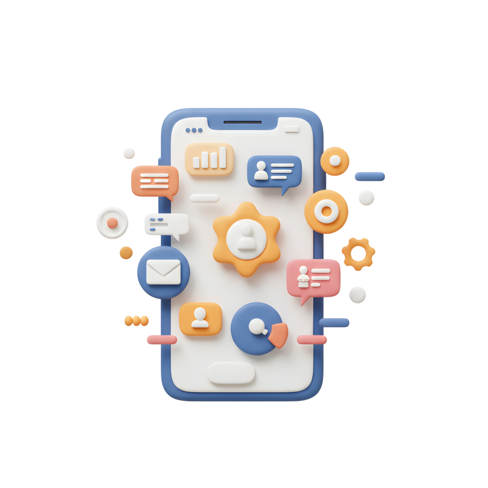 A stylized mobile phone displays various communication icons, including email, message, user profile, and graph, representing connectivity and digital interaction for web design. png