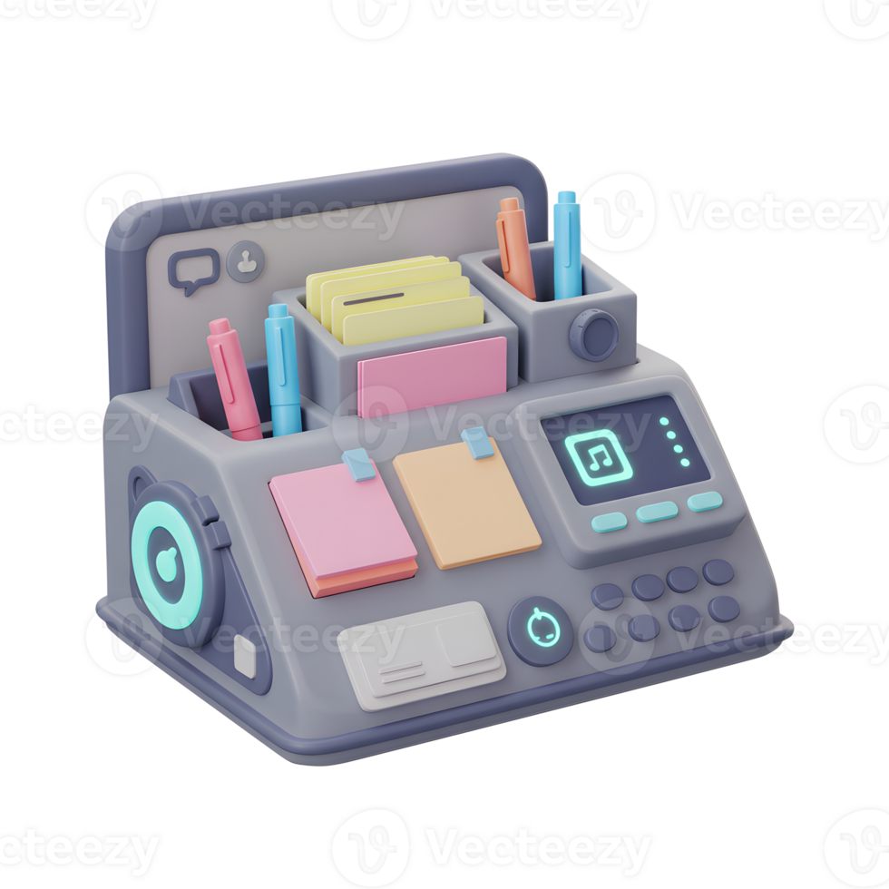 Gray desk organizer features pen, note, card and screen with music sign and small buttons for office or school use. png