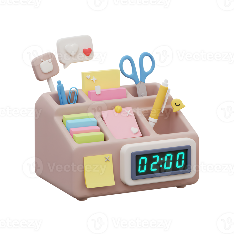 A pink desk organizer is filled with stationery items and has a built in digital clock, making it useful for keeping desks tidy and telling time. png