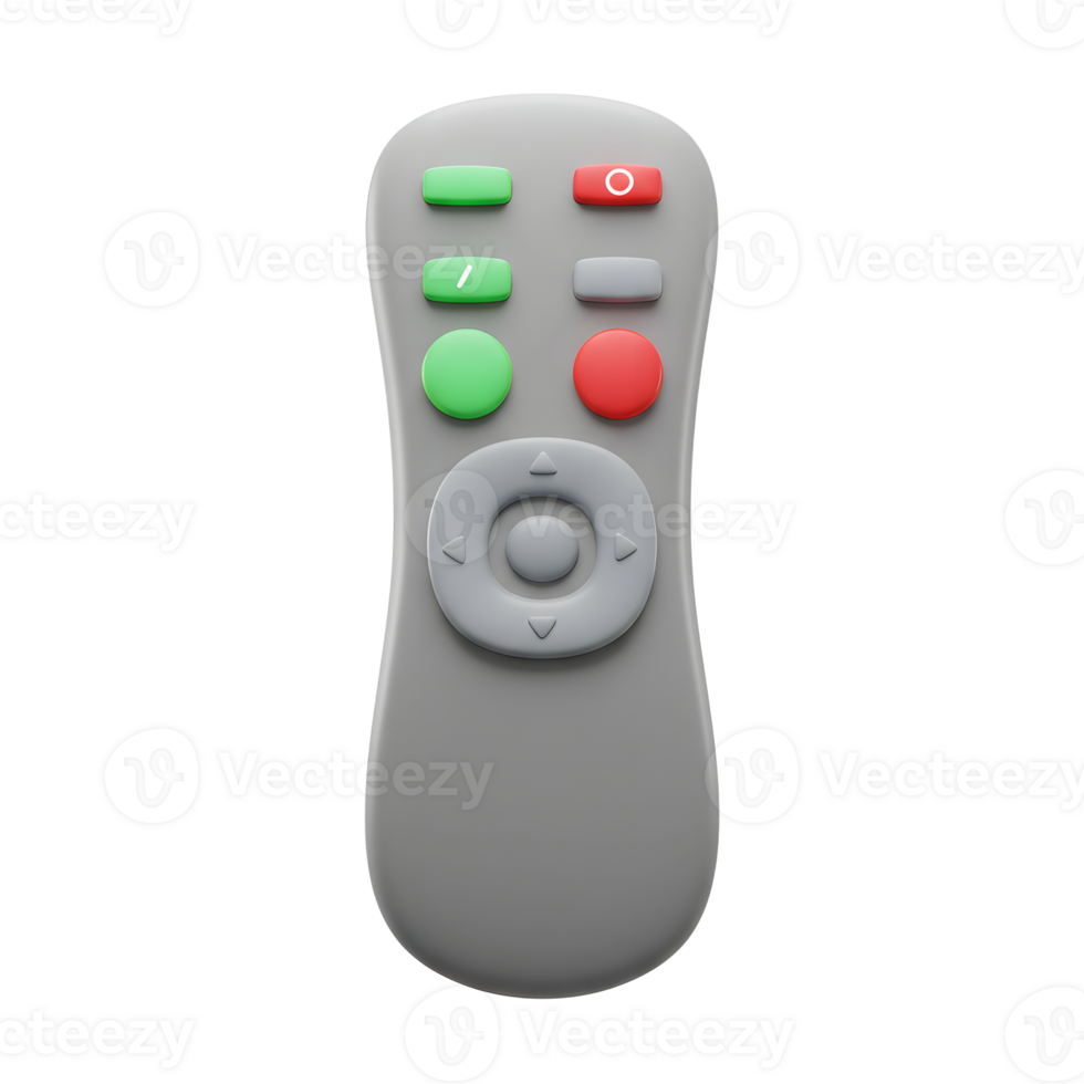 A gray remote control device with various buttons is used to control electronic equipment. png