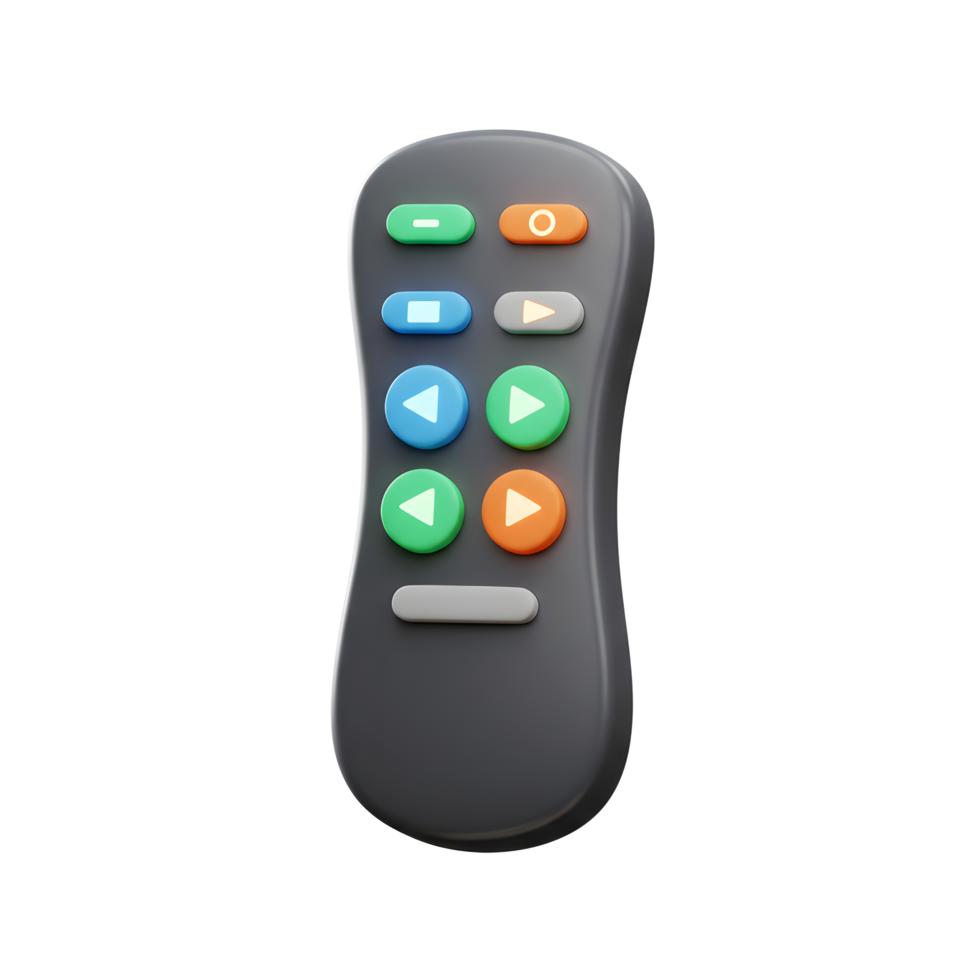 This is a 3D render of a remote control with colorful buttons that is used for televisions and media devices. png