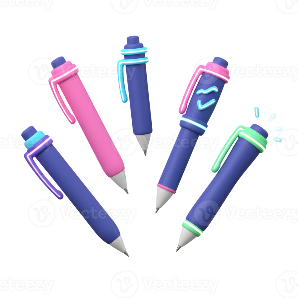 Illustration features colorful pens in a playful arrangement, ideal for showcasing writing tools and stationery themes. png