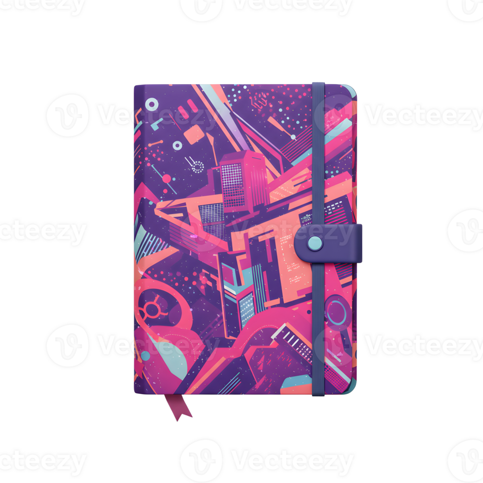 This closed notebook features an abstract, colorful city design and an elastic closure, perfect for jotting down notes and ideas. png