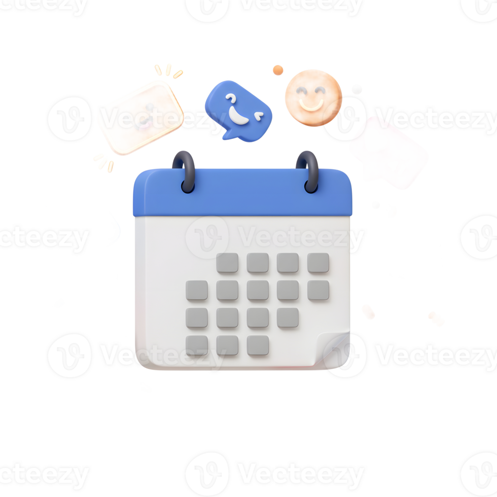 A 3D calendar surrounded by smiley faces represents planning, appointments, and scheduling. png