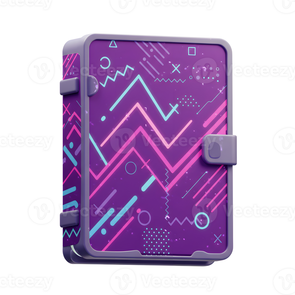 A purple case features a vibrant geometric pattern with lines and shapes, creating a visually appealing design suitable for protecting electronic devices or accessories. png