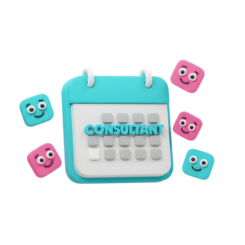 A blue calendar with 'Consultant' spelled out is surrounded by smiling squares, which could be used to illustrate scheduling or planning. png