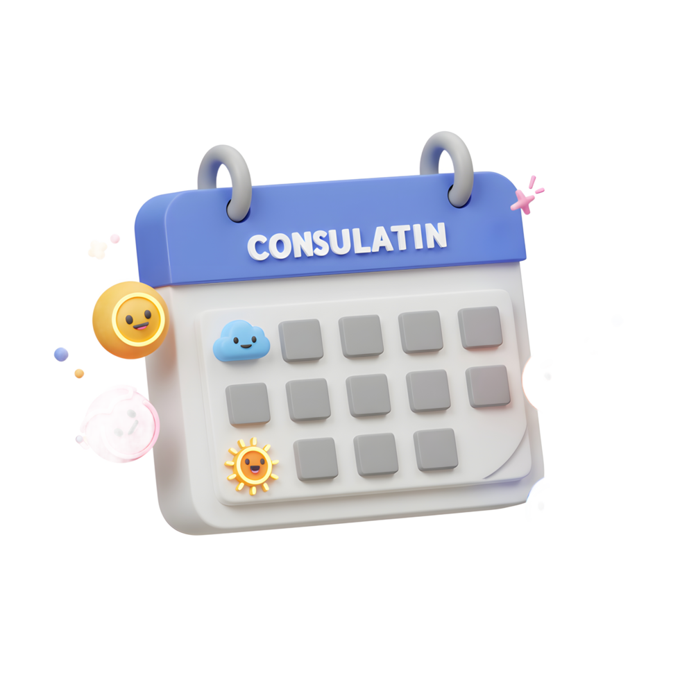 A calendar with smiling face icons indicates a consultation reminder, suggesting a cheerful and organized approach to scheduling appointments and important meetings. png