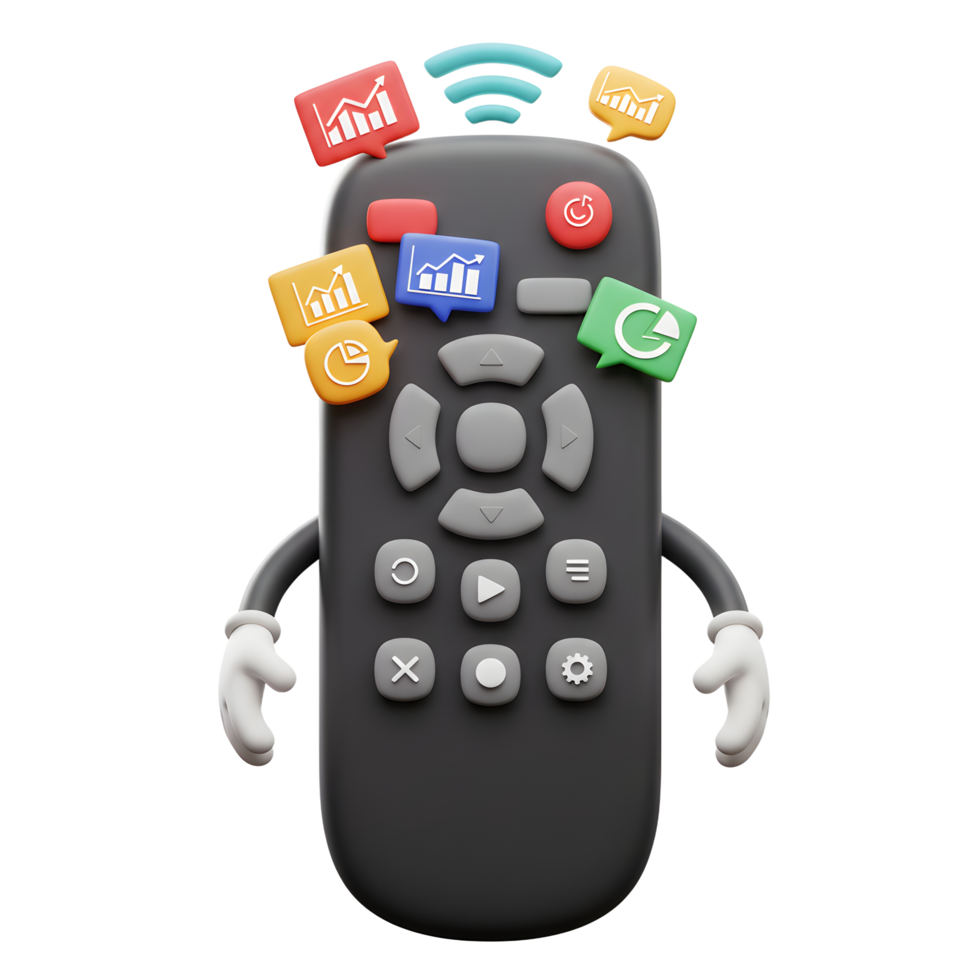 Animated remote control displays data and charts in colorful speech bubbles, demonstrating data tracking on a device. png