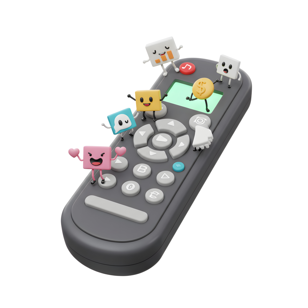 A group of cute cartoon squares and coin character are standing on a remote control, suggesting a playful user experience. png