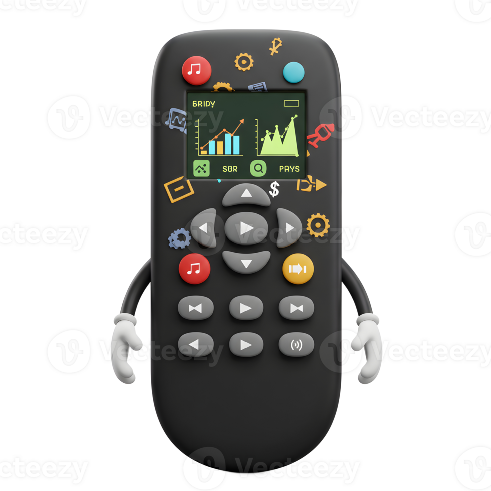 A cartoon remote control with a screen displaying charts and several buttons, is shown for controlling devices. png