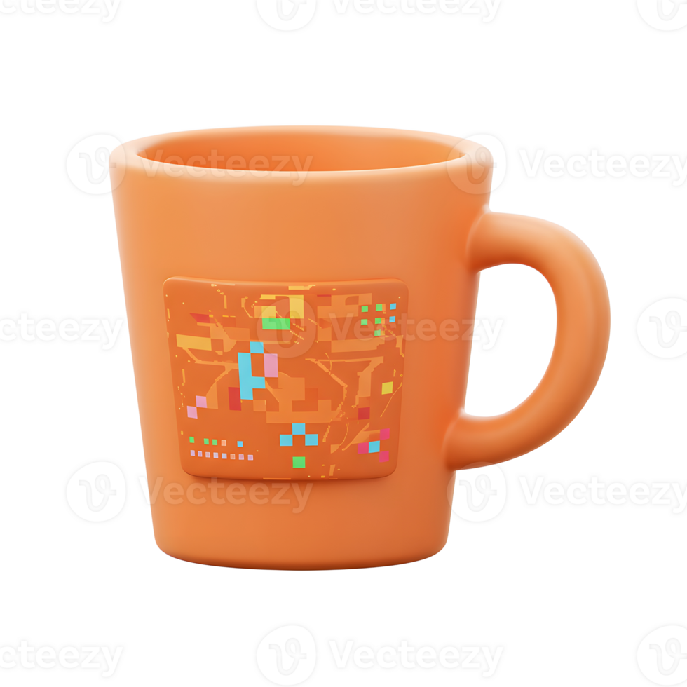 An orange mug features a pixel art design, ideal for holding a warm beverage. png