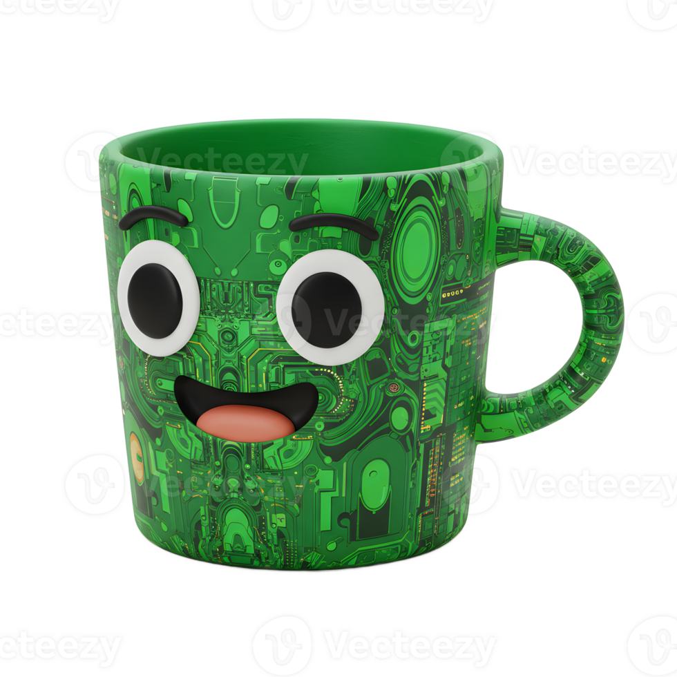 A cheerful green mug, adorned with a circuit board pattern and cartoonish googly eyes, adds a playful touch to a morning beverage. png