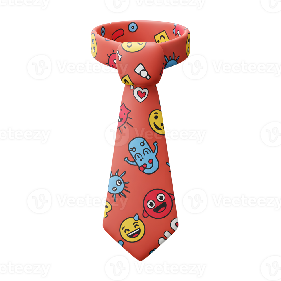 A red tie adorned with a pattern of various emojis adds a playful and whimsical element to any formal outfit or costume. png