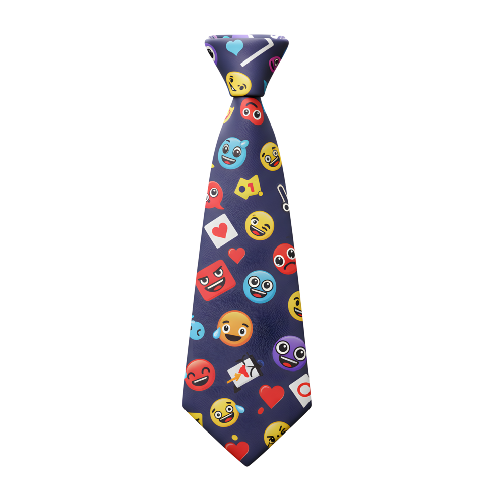 Dark blue tie featuring various emojis creates a playful and modern look, perfect for adding personality to formal attire. png