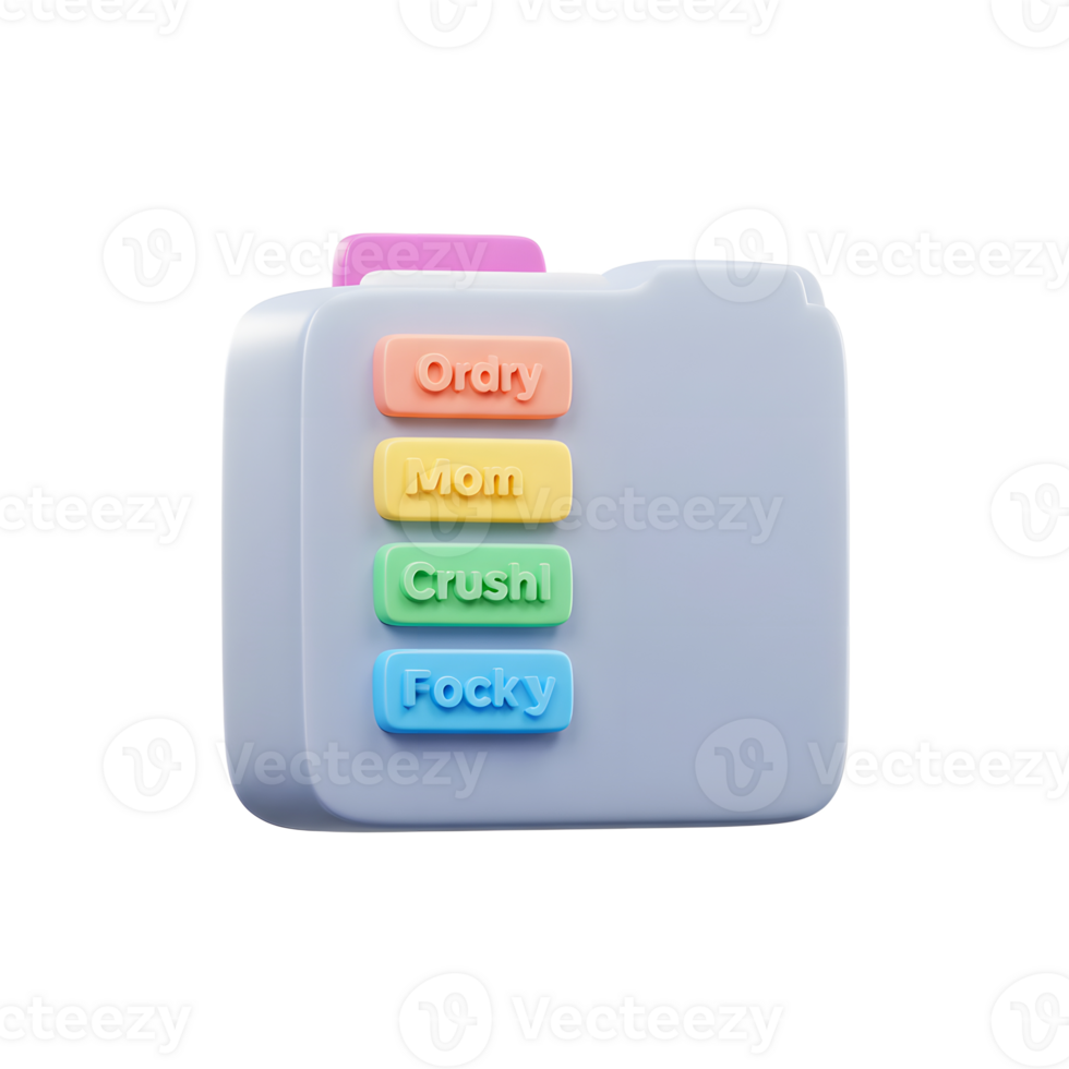 An illustration of a gray folder with colorful labels, displaying titles Ordry, Mom, Crushl, and Focky, demonstrating file organization. png