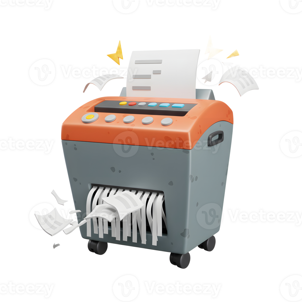 Illustration shows a paper shredder actively destroying documents for secure disposal. png
