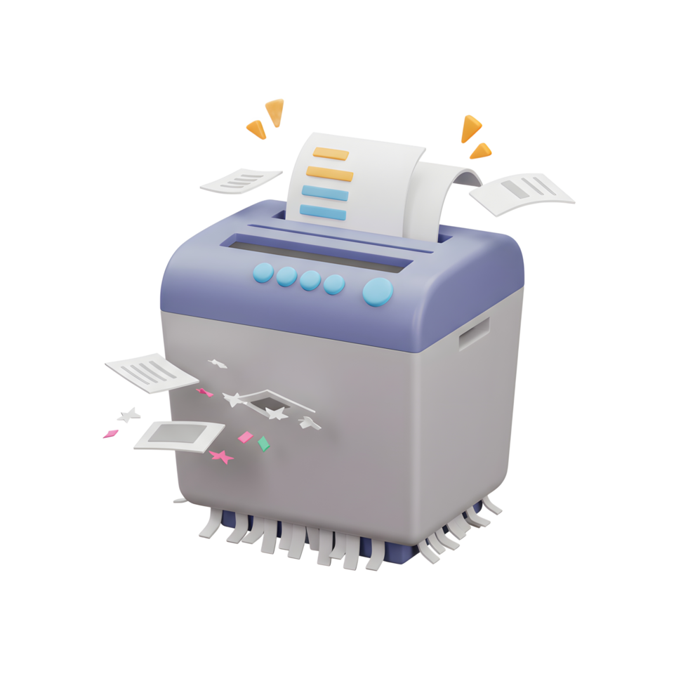 A paper shredder is depicted with documents being shredded, with some confetti shapes flying out from the cut papers, which is used for the purpose of document security. png