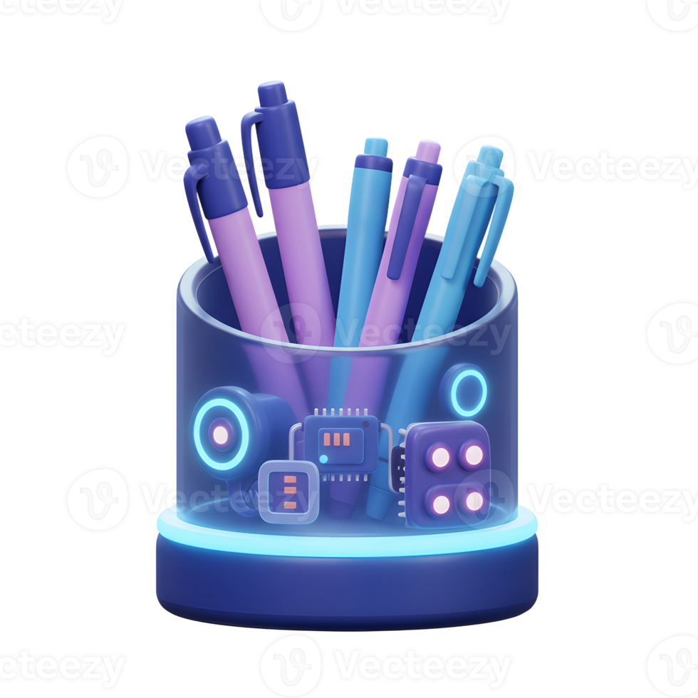 A pen is in a futuristic holder with neon and tech design elements, ideal for a modern workspace. png