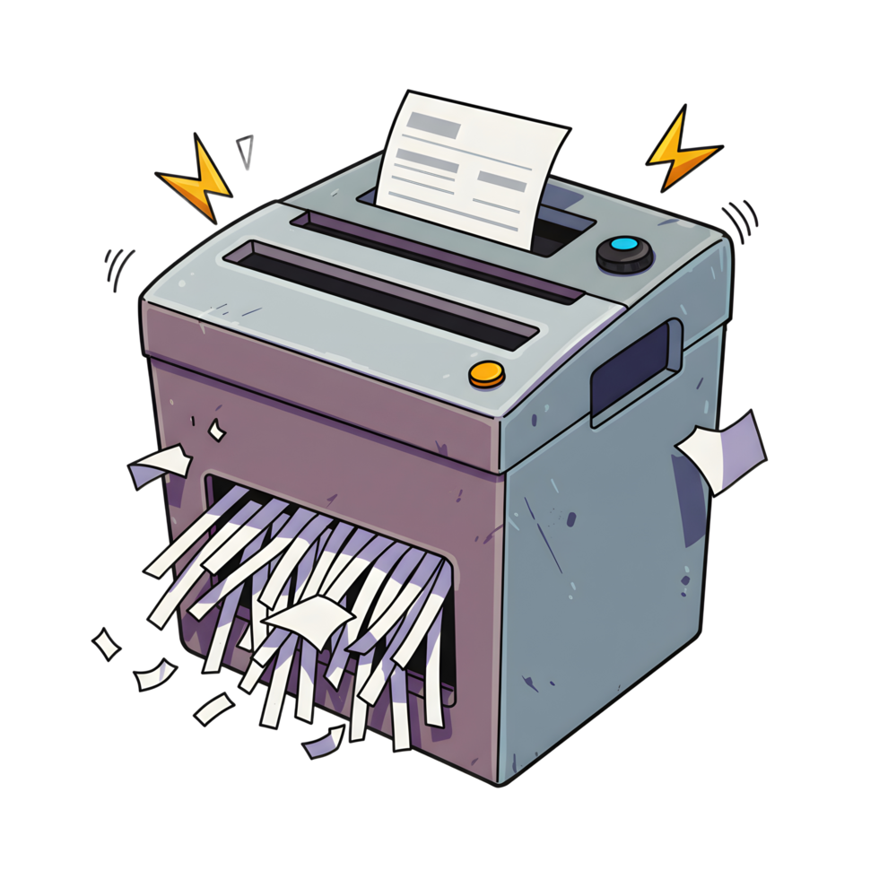 A cartoon paper shredder shreds a document with energy bolts and paper scraps flying, representing document destruction for security. png